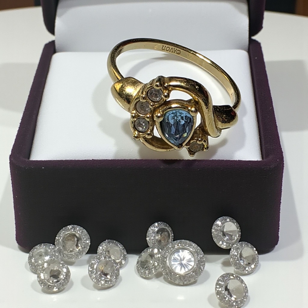 Avon Gold Ring with Blue Heart and Crystal Accents